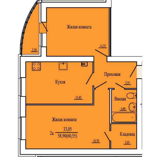 1 двухкомнатная квартира второй этаж 3 подъезд литера 14.3 Просторный